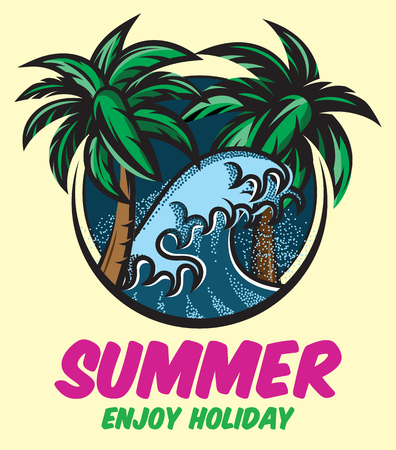 vector color illustration with two palms and high wave.のイラスト素材