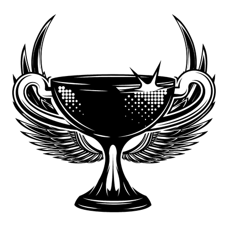Trophy Cup with wings. Vector monochrome illustration.のイラスト素材