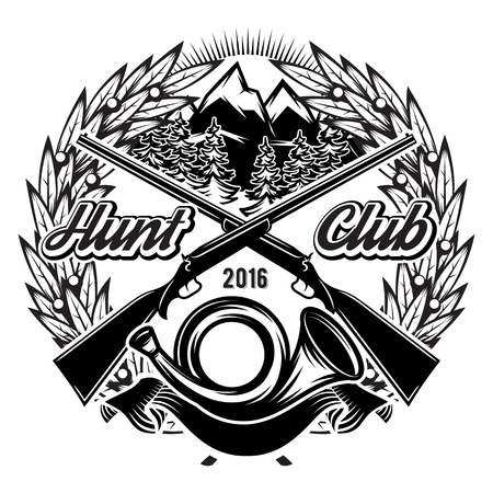 Vector stylish monochrome hunting club template with horn and mountains.のイラスト素材