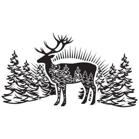 Stylized monochrome vector illustration with deer and forest.のイラスト素材