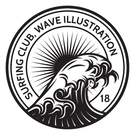 Monochrome vector template with a wave of water on the theme of surfing.のイラスト素材