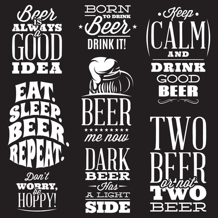 Vector set of stylized quotes on the topic of beer. White text on a black background.のイラスト素材