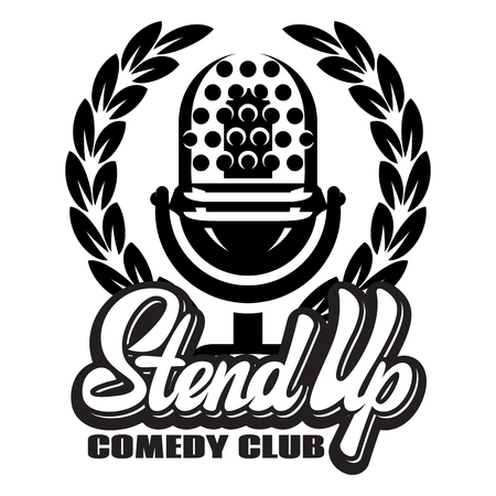 Monochrome vector illustration with microphone and wreath for stand-up.のイラスト素材