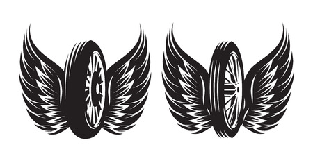 Vector set of monochrome patterns - wheel with wings.のイラスト素材