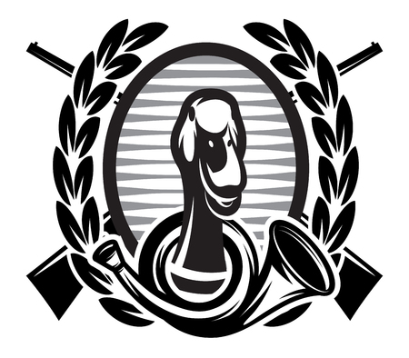 Vector monochrome template on the theme of duck hunting in wild.のイラスト素材