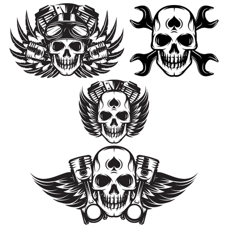 vector set of monochrome image on motorcycle theme with skull, wings, engine.のイラスト素材