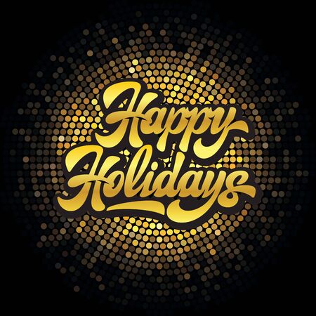 Stylish calligraphic inscription of happy holidays on the background of golden particles.のイラスト素材