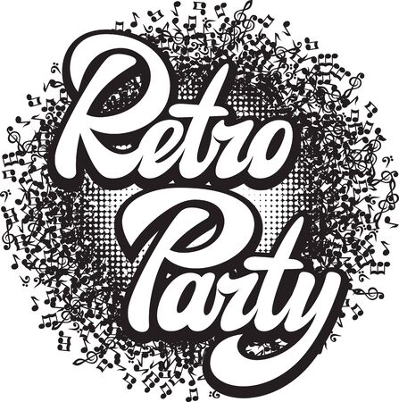 Abstract round monochrome background with music notes with calligraphic inscription retro partyのイラスト素材