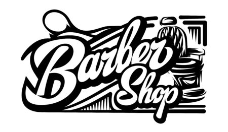 Stylish retro badge with scissors and armchair for barbershop.のイラスト素材