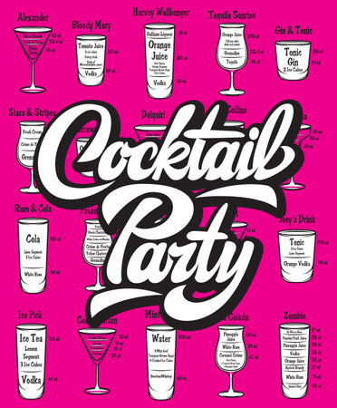 Vector illustration with calligraphic inscription Cocktail party and cocktails set.のイラスト素材
