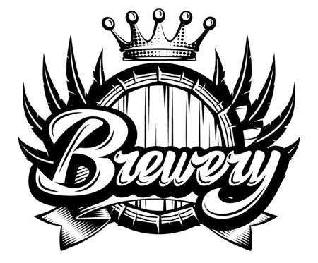 Vector monochrome illustration with calligraphic inscription Brewery with barrel.のイラスト素材