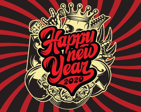 Stylish vector template for printing on the theme of rock music with calligraphic inscription Happy new year.のイラスト素材
