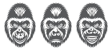 Vector monochrome set of three gorilla heads with different facial expressions.のイラスト素材