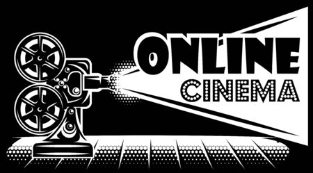Vector monochrome online cinema advertising template on black background.のイラスト素材