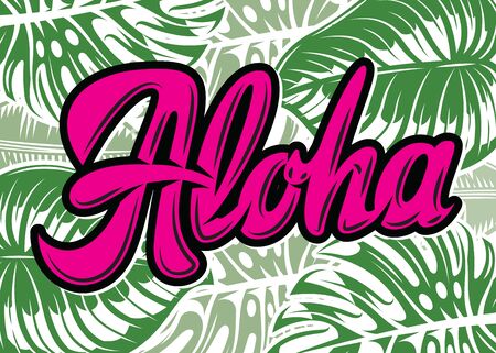 Calligraphic inscription Aloha. Vector color illustration. Green background.のイラスト素材