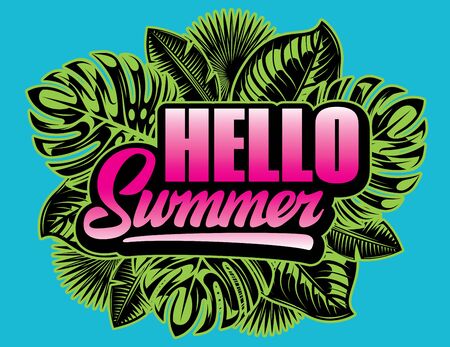 Vector color template with palm leaves and the inscription Hello Summer.のイラスト素材