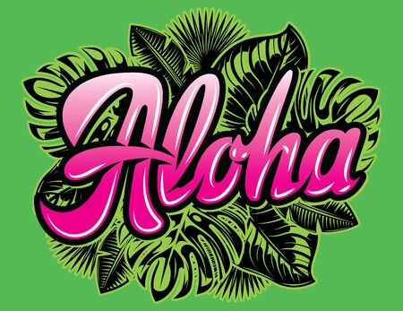 Vector color template with palm leaves and the inscription Aloha.のイラスト素材
