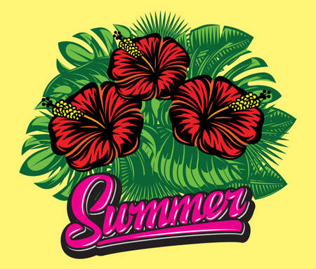 Composition of hibiscus flowers and various palm leaves. Vector color illustration on yellow...