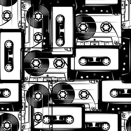 Retro cassettes. Seamless pattern in retro style. Monochrome vector illustration.のイラスト素材