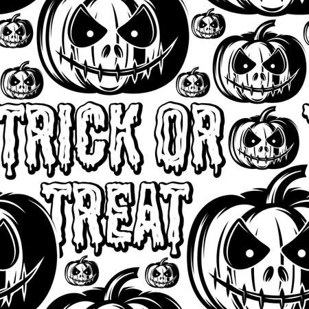 Festive background with a scary pumpkin and an inscription. Monochrome seamless backdrop.のイラスト素材