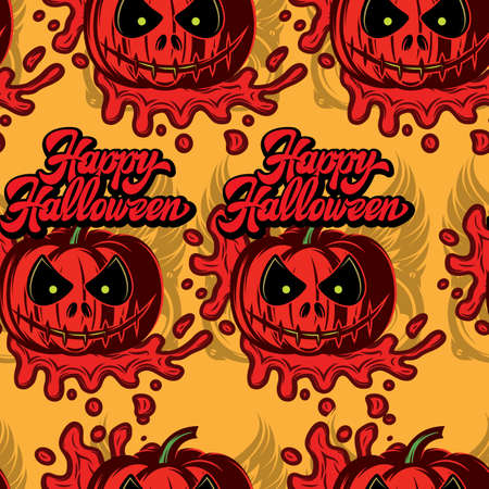 Festive background with a scary pumpkin and an inscription. Colored seamless backdrop.のイラスト素材