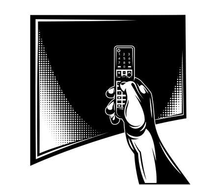 Vector template with tv and remote control on hand. Monochrome vector illustration.のイラスト素材