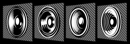 Set of different speakers. Vector monochrome illustration. Elements for design. Carbon fiber background.のイラスト素材