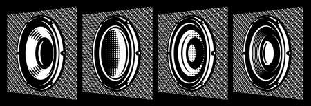 A set of different monochrome speakers. Vector illustration. Elements for design. Carbon fiber background.のイラスト素材