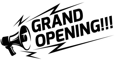Megaphone with an appeal - Grand Opening. Vector monochrome illustration. Template for an advertising poster or banner.のイラスト素材
