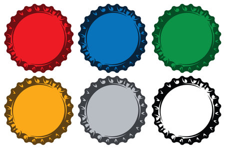 Various metal caps for bottles. Set of vector color illustrations. Template for logo design, corporate style, business card, poster, website.のイラスト素材