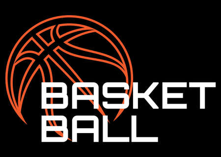 Sports template with basketball ball and lettering. Colored vector illustration. Black background. Element for design of brand team, business cards, site.のイラスト素材