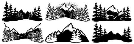 A set of templates for badges with mountains and coniferous forest in different design. Vector monochrome illustration. Background solution.のイラスト素材