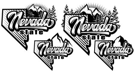 Set of templates with Nevada state and mountains. Vector monochrome illustration. Design element for business card, advertisement, invitation, website.のイラスト素材