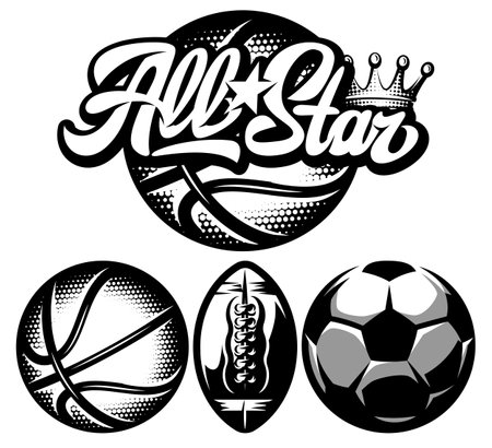 Stylish calligraphic inscription on the background of sports ball. Vector template for design sporting badge with set of balls for basketball, soccer and American football.のイラスト素材