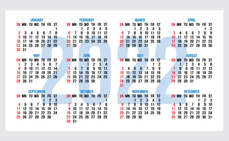 Calendar grid template for business card design. Black numbers on a white background. Blue lettering.のイラスト素材