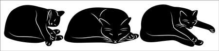 Set of three stylized silhouettes of lying cats. vector monochrome illustration. Templates, elements for design.のイラスト素材