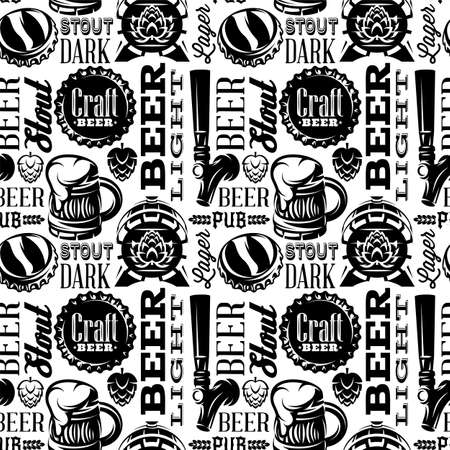 A set of elements and inscriptions on the theme of beer. Seamless background for packaging design. Monochrome vector illustration.のイラスト素材