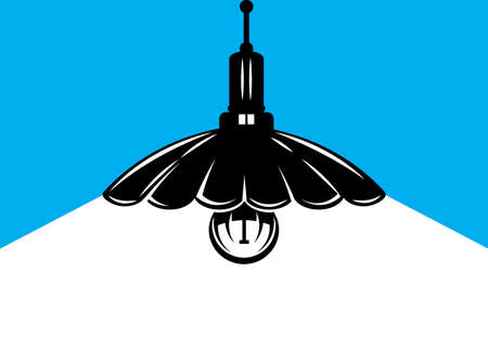 Vector illustration with hanging and glowing lamp and place for text, template for banner or site. blue background.のイラスト素材