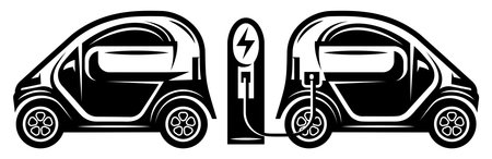 Parked two electric cars at the charging station. vector monochrome illustration. Element, template for design.のイラスト素材