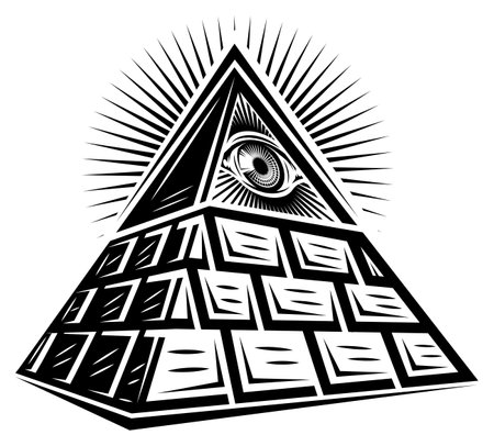 Stylized brick pyramid of Masons with an all-seeing eye. vector monochrome illustration. white background.のイラスト素材
