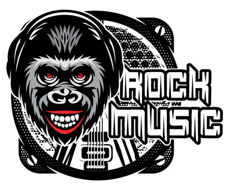 Thematic set of elements for the design of a badge on the theme of rock music. Ready template for design, editable elements. Monkey on the background of the speaker and guitar.のイラスト素材