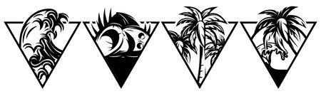 Set of elements for badge or sticker design with palm tree, wave. Form in a triangle. Vector monochrome illustration.のイラスト素材
