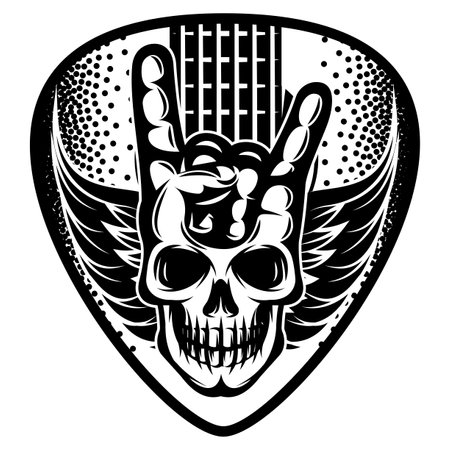 Stylized guitar plectrum. White background with guitar, skull, wings and hand gesture. Vector monochrome illustration.のイラスト素材