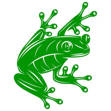 Seated tropical green frog. Vector monochrome illustration. Editable template for design.のイラスト素材