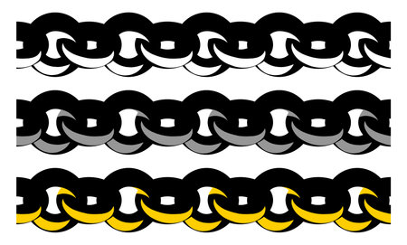 Set of three seamless brushes of metallic chains as design elements. Vector color illustration.のイラスト素材