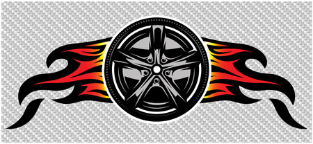 A wheel with a metal disc and flames on both sides on a carbon background. Template for design. Color vector illustration.のイラスト素材