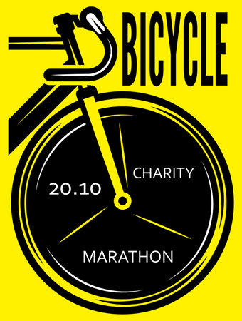 Template for the design of an advertising poster for a cycling charity marathon. The front of the bicycle. Vector color illustration on a yellow background.のイラスト素材