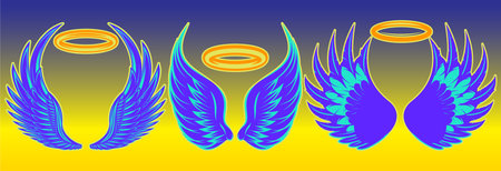 Set of colored angel wings with nimbus. Vector color illustration. A set of templates for design.のイラスト素材