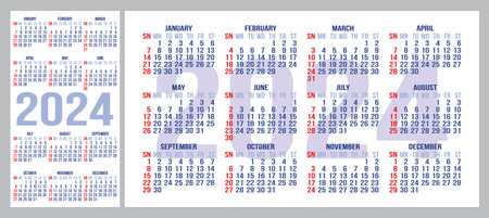 Set of two types of design for the back side of business cards with calendars for 2024. Template for design. Color vector illustration.のイラスト素材