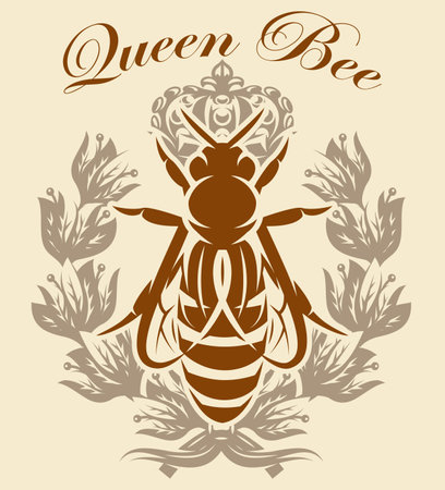 Queen bee with wreath and crown. Vector template ready for printing. Vintage Elements for design.のイラスト素材